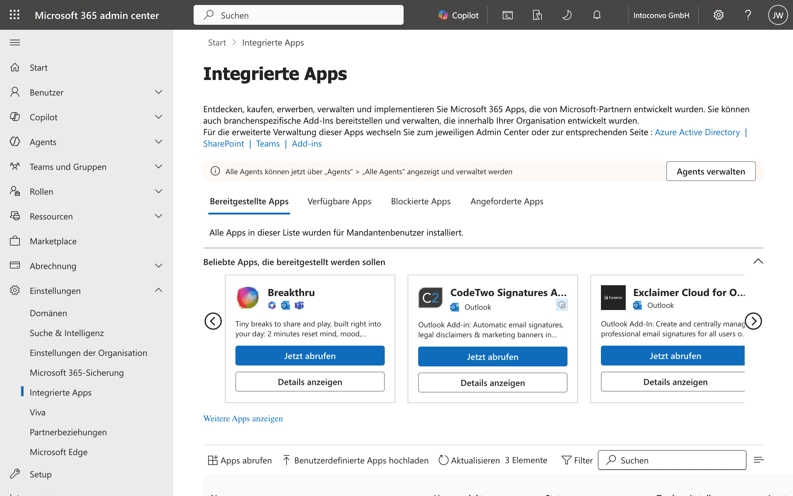 Bereich Integrierte Apps im Microsoft 365 Admin Center
