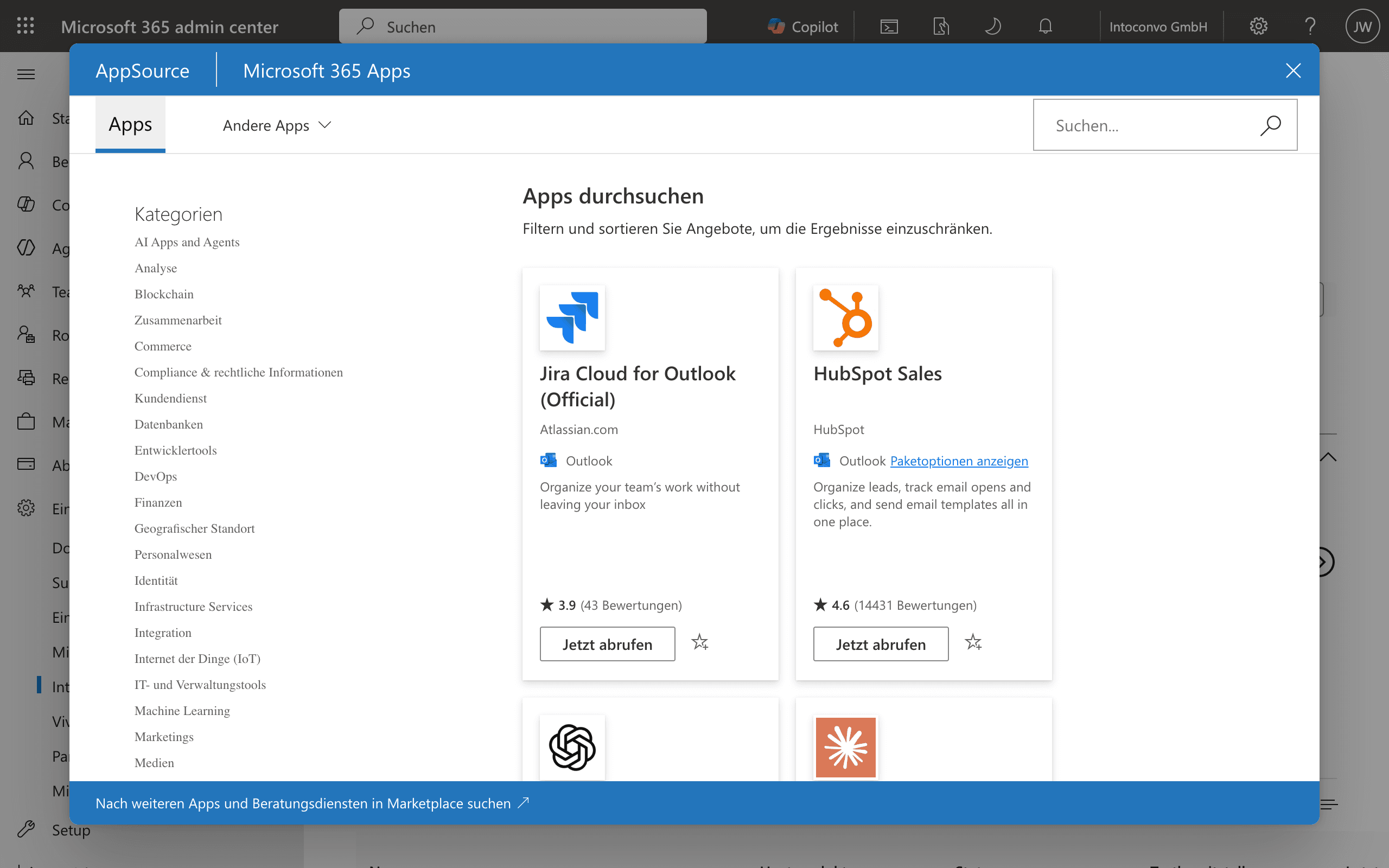 Suchfeld im App-Katalog des Admin Centers