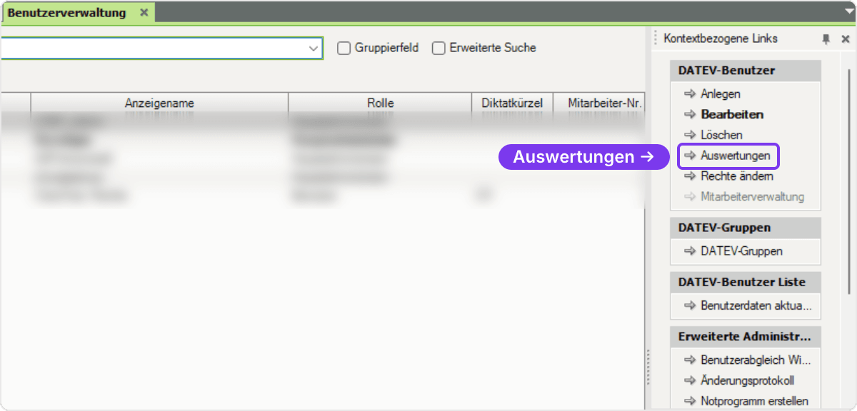 DATEV Benutzerverwaltung mit dem Bereich Kontextbezogene Links: unter DATEV-Benutzer ist der Link Auswertungen hervorgehoben