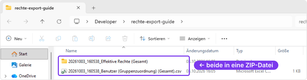 Windows-Explorer mit dem Exportordner: der Ordner 20261003_160538_Effektive Rechte (Gesamt) und die Datei 20261003_160538_Benutzer (Gruppenzuordnung) (Gesamt).csv sind markiert, um sie in eine ZIP-Datei zu packen