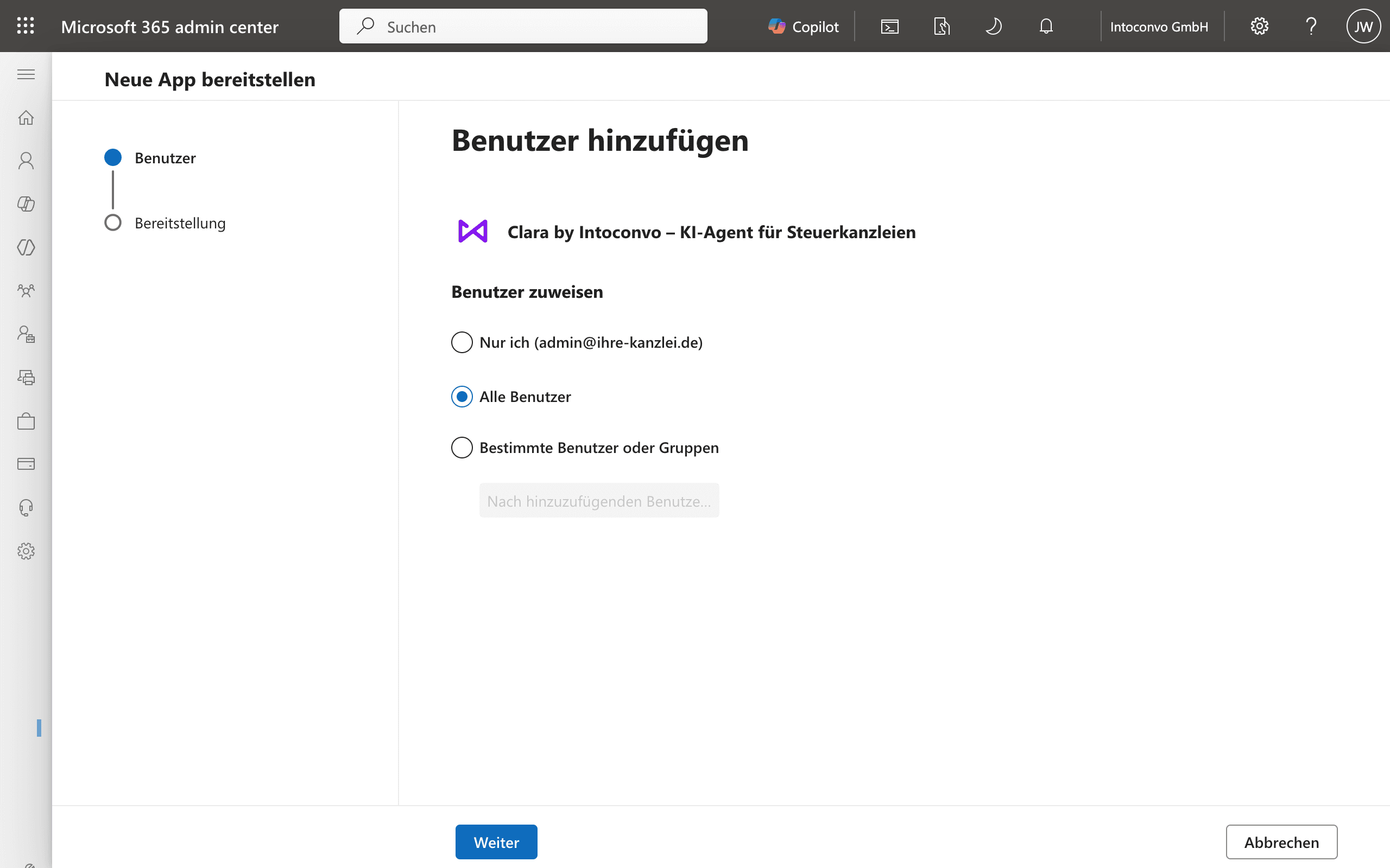 Assistent „Neue App bereitstellen“ mit der Auswahl „Alle Benutzer“