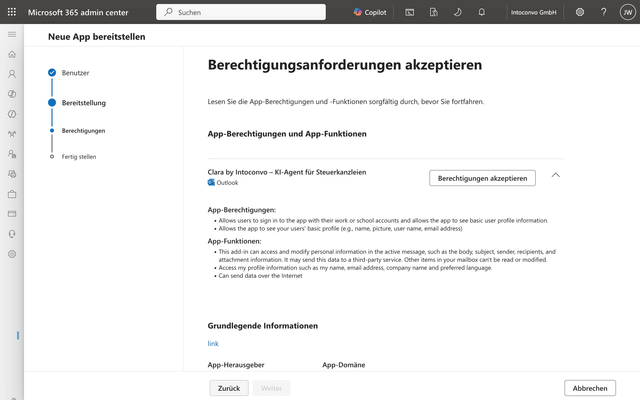 Berechtigungsanforderungen des Clara Add-ins im Admin Center