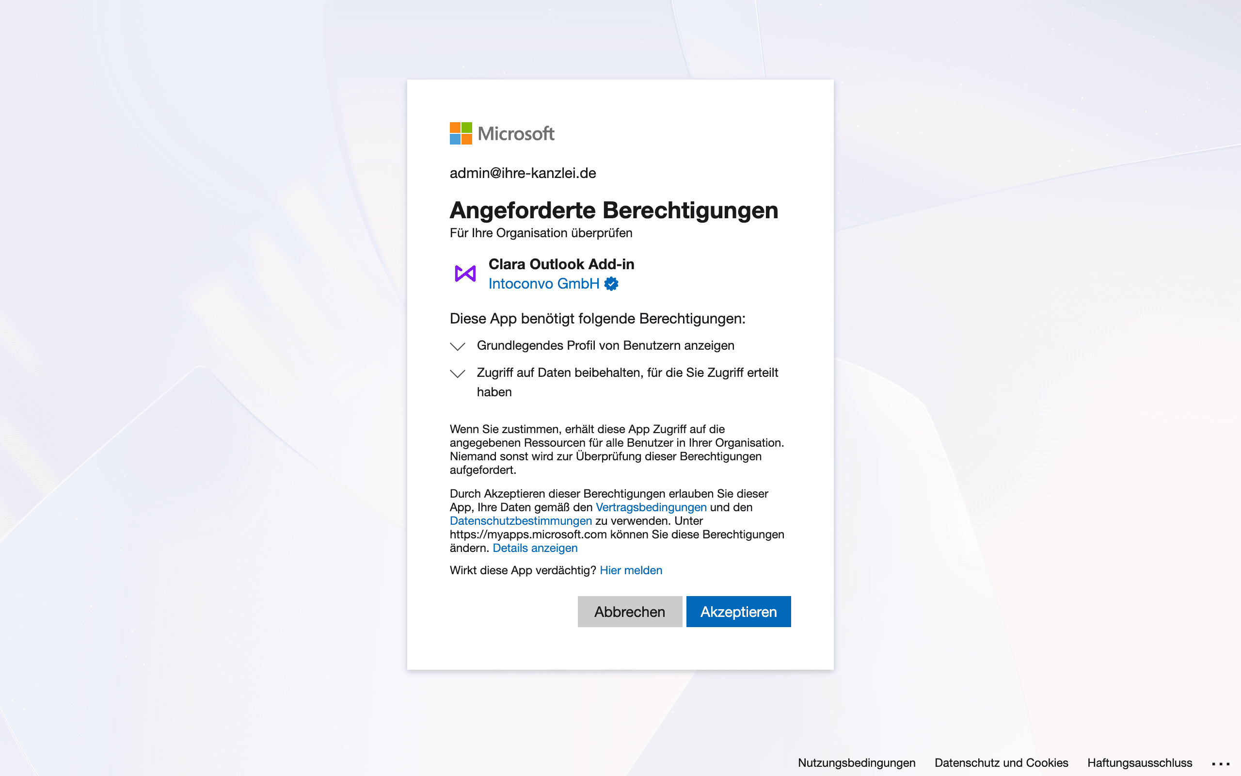 Microsoft-Dialog mit den angeforderten Berechtigungen für Clara