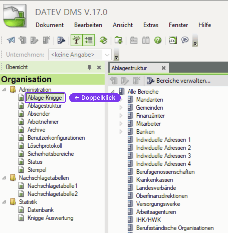 DATEV DMS V.17.0 im Bereich Organisation: im Ordner Administration der Eintrag Ablage-Knigge