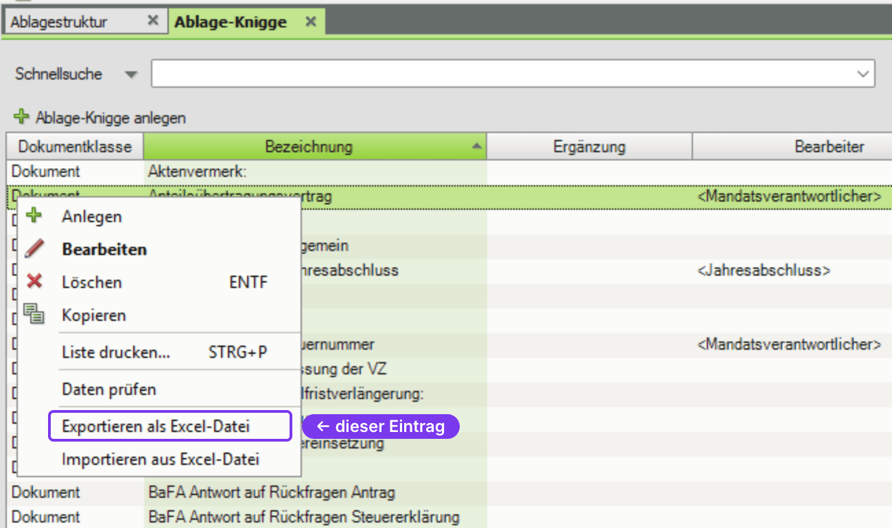 Ablage-Knigge in DATEV DMS mit geöffnetem Kontextmenü; darin der Eintrag Exportieren als Excel-Datei